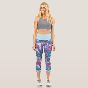 Electric Bloom: Glossy Blue and Pink floral  Capri Leggings