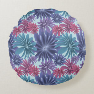 Electric Bloom: Glossy Blue and Pink floral  Round Cushion