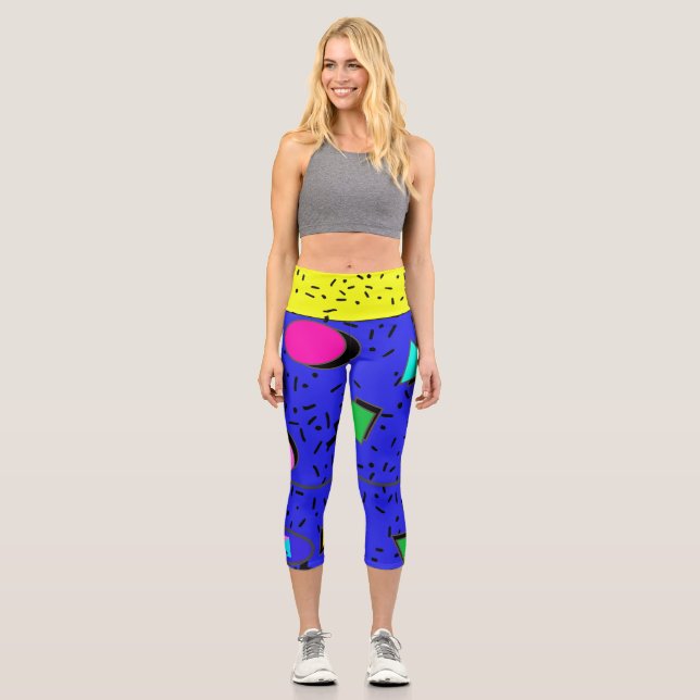 Electric Blue 80s Memphis Abstract Style Retro Capri Leggings (Front)