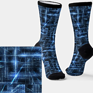 Electric Blue Abstract Lights on Black Socks