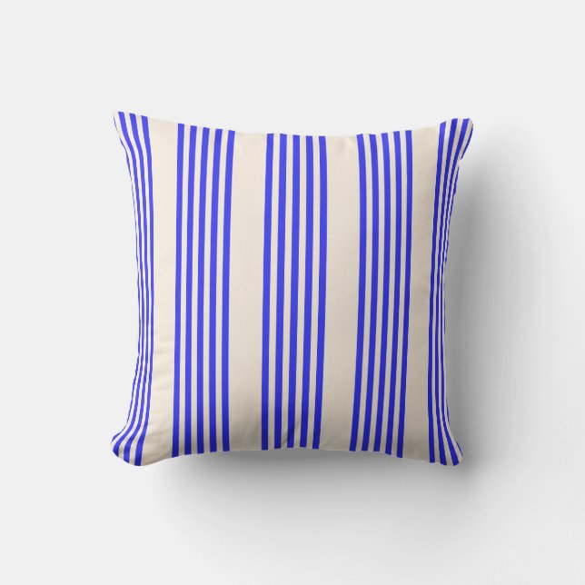 Electric blue and beige five stripe pattern cushion (Front)