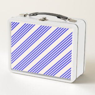 Electric blue and beige five stripe pattern metal lunch box