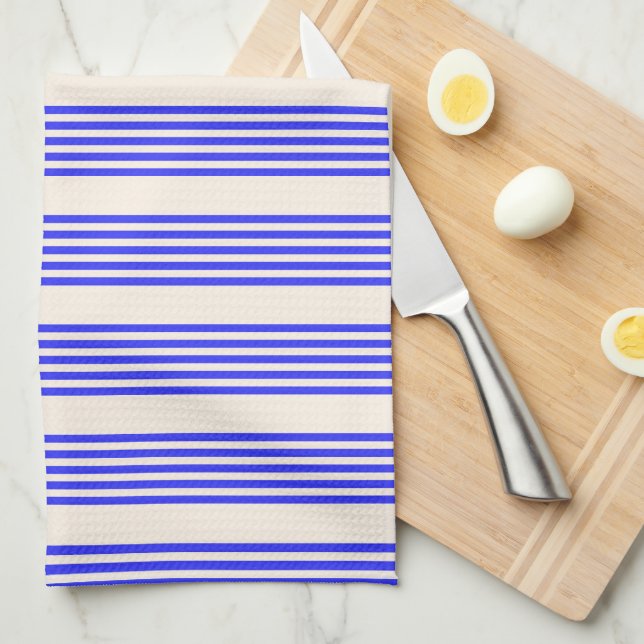 Electric blue and beige five stripe pattern tea towel (Quarter Fold)