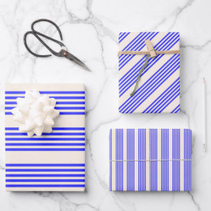 Electric blue and beige five stripe pattern wrapping paper sheet