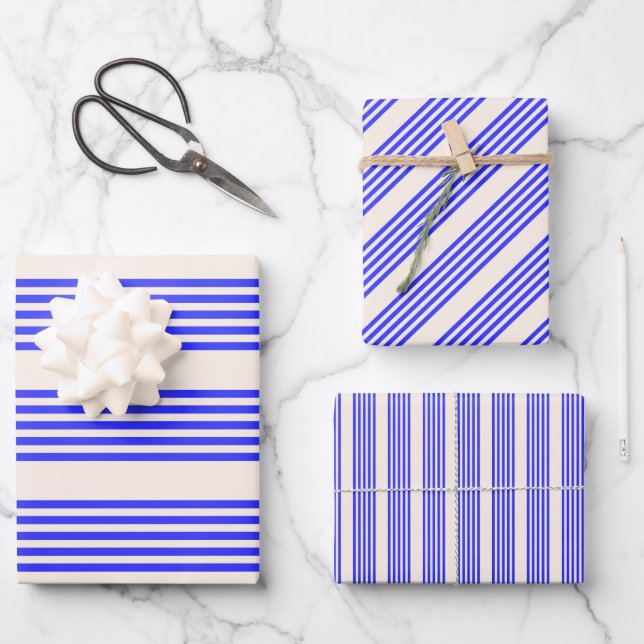Electric blue and beige five stripe pattern wrapping paper sheet (Front)