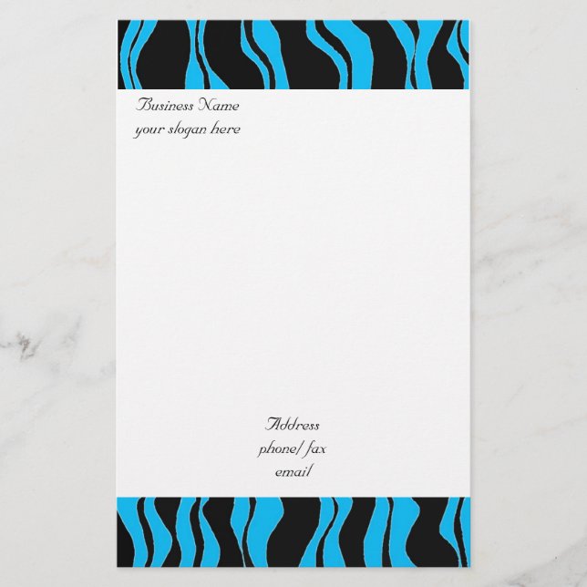Electric  Blue and Black Zebra Pattern Stationery (Front)