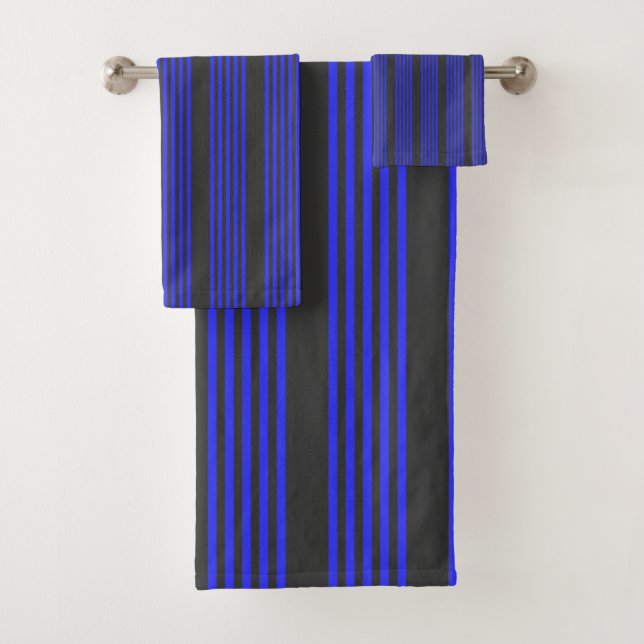 Electric blue and charcoal five stripe pattern bath towel set (Insitu)