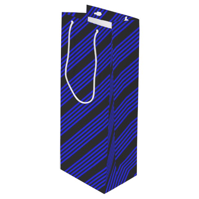 Electric blue and charcoal five stripe pattern wine gift bag (Front Angled)