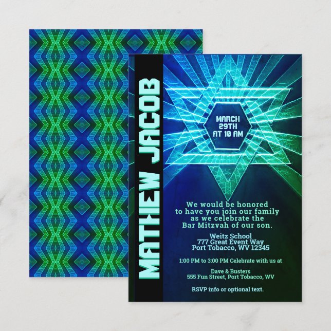 Electric Blue and Green Bar Mitzvah Invitation (Front/Back)