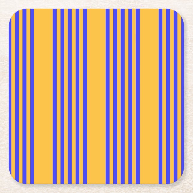 Electric blue and yellow five stripes pattern square paper coaster (Front)