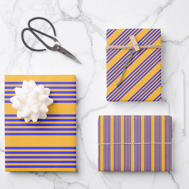 Electric blue and yellow five stripes pattern wrapping paper sheet (Front)