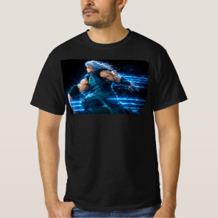 Electric Blue Anime-Style Warrior Running Through T-Shirt