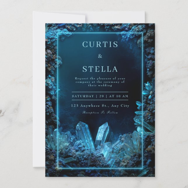 Electric Blue Crystal Neon Border Frame Wedding Invitation (Front)