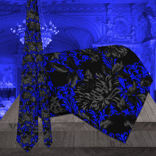 Electric Blue Damask Black Floral Wedding Neck Tie