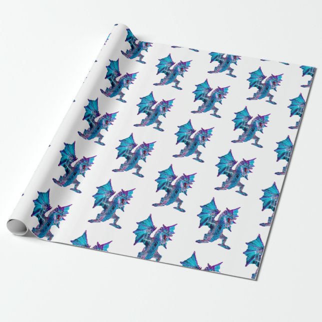 Electric Blue Fire Dragon Bright Artistic Creature Wrapping Paper (Unrolled)