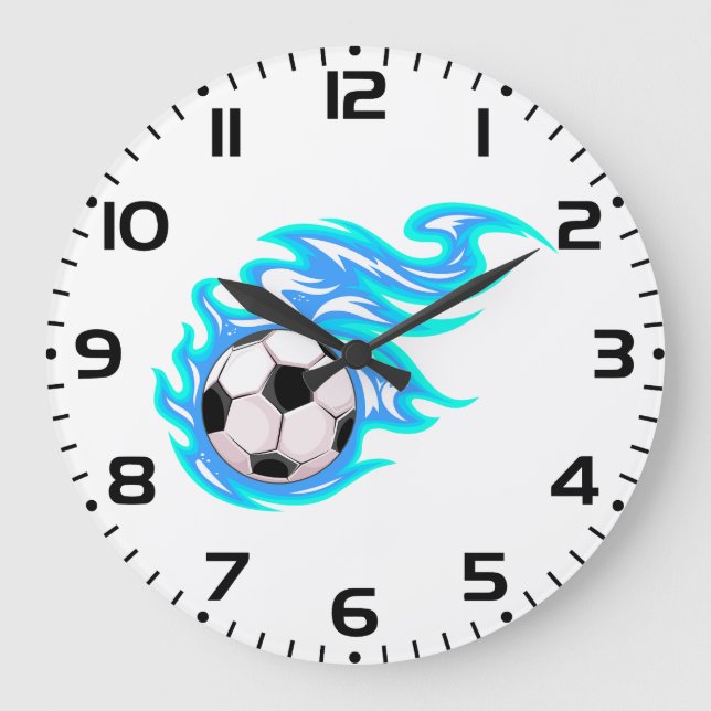 Electric Blue Flaming Soccer Ball Sports Large Clock (Front)