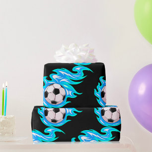 Electric Blue Flaming Soccer Ball Sports Wrapping Paper