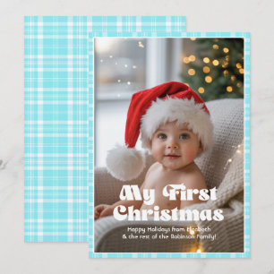 Electric Blue Gingham My First Christmas Baby Holiday Card