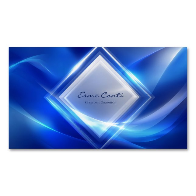 Electric Blue Glowing Diamond Futuristic Geometric Magnetic Business Card (Front)