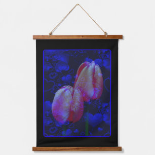 Electric Blue Hearts And Pink Tulips Floral Art Hanging Tapestry