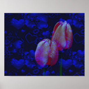 Electric Blue Hearts And Pink Tulips Floral Art Poster