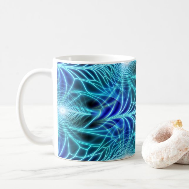 Electric Blue Luminous Fractal Repeating Pattern Coffee Mug (With Donut)