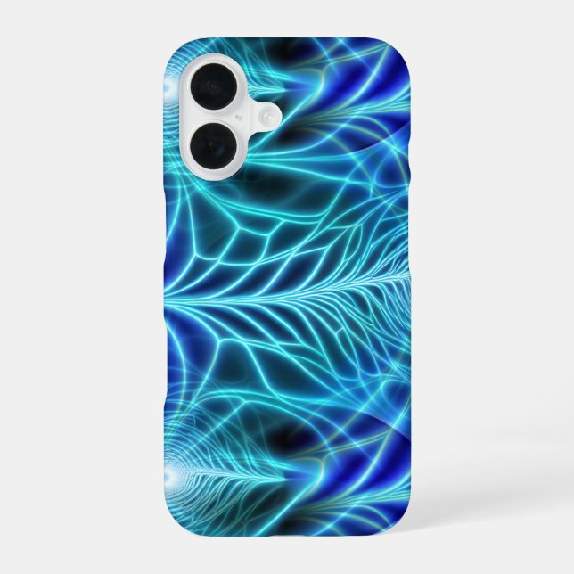 Electric Blue Luminous Fractal Repeating Pattern iPhone 16 Case (Back)