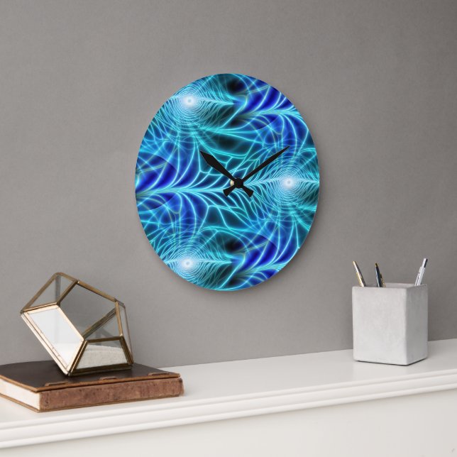 Electric Blue Luminous Fractal Repeating Pattern Large Clock (Office)