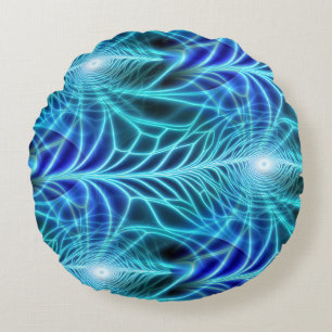 Electric Blue Luminous Fractal Repeating Pattern Round Cushion