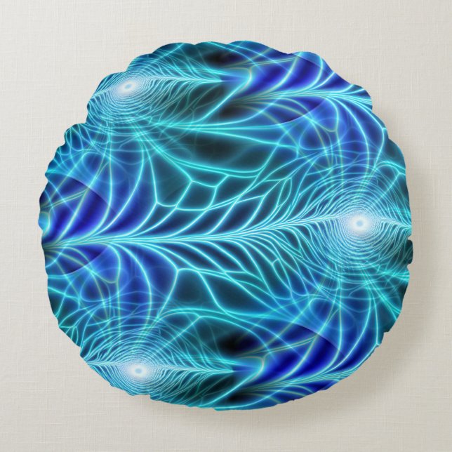 Electric Blue Luminous Fractal Repeating Pattern Round Cushion (Front)