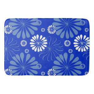 Electric Blue Modern Floral Print Bath Mat