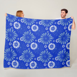 Electric Blue Modern Floral Print Fleece Blanket
