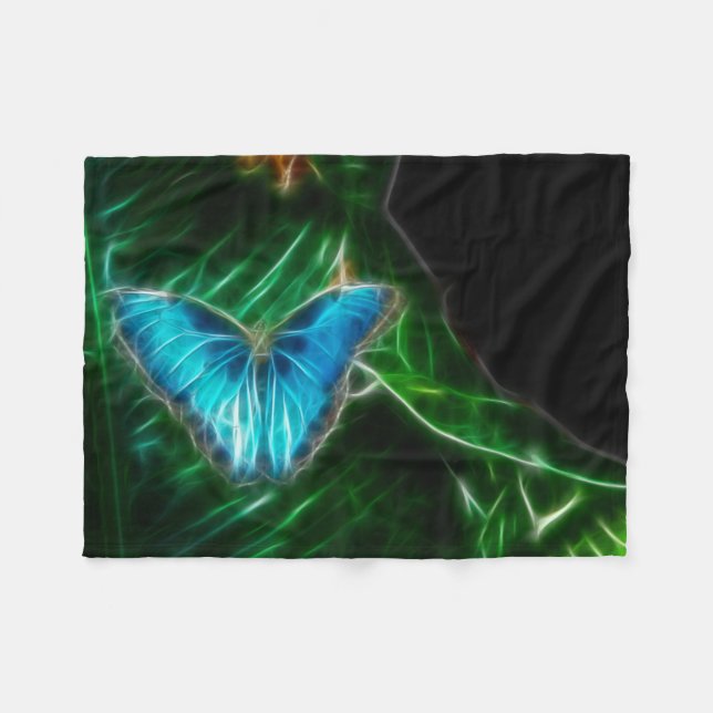 Electric Blue Morpho Butterfly Fractal Fleece Blanket (Front (Horizontal))