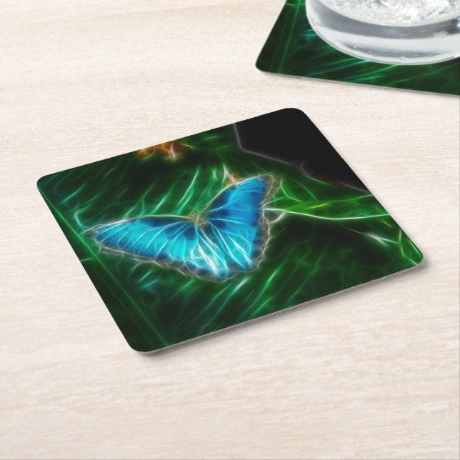 Electric Blue Morpho Butterfly Fractal Square Paper Coaster (Angled)