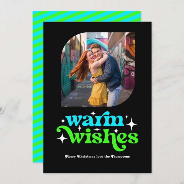 Electric Blue & Neon Green Retro Christmas Photo Holiday Card (Front/Back)