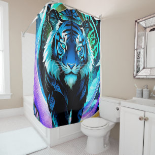 Electric Blue Neon Snow Tiger Portrait Shower Curtain