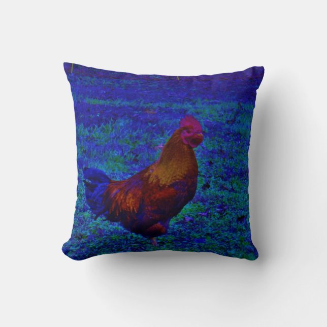 Electric blue Rainbow Rooster Pillow (Front)