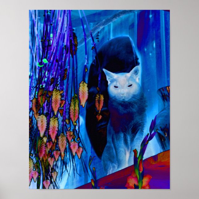 Electric Blue Siamese Cat Abstract Animal Art Poster (Front)