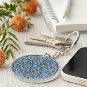 Electric Blue Sun Mandala Key Ring