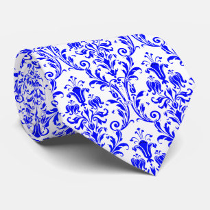 Electric Blue White Floral Damask Tie