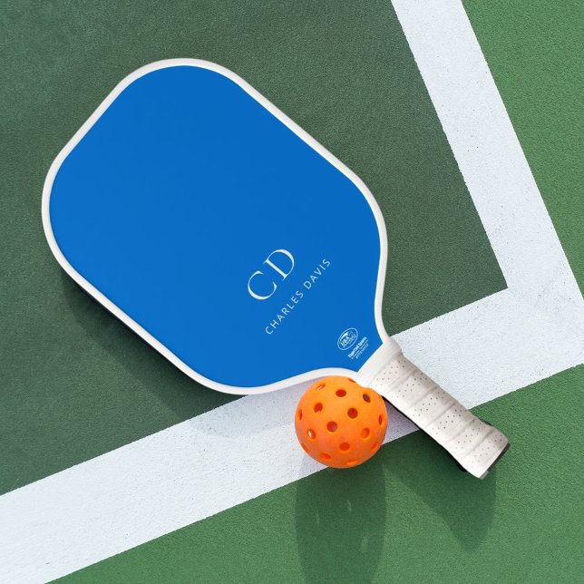 Electric blue white monogram initials name pickleball paddle (Creator Uploaded)