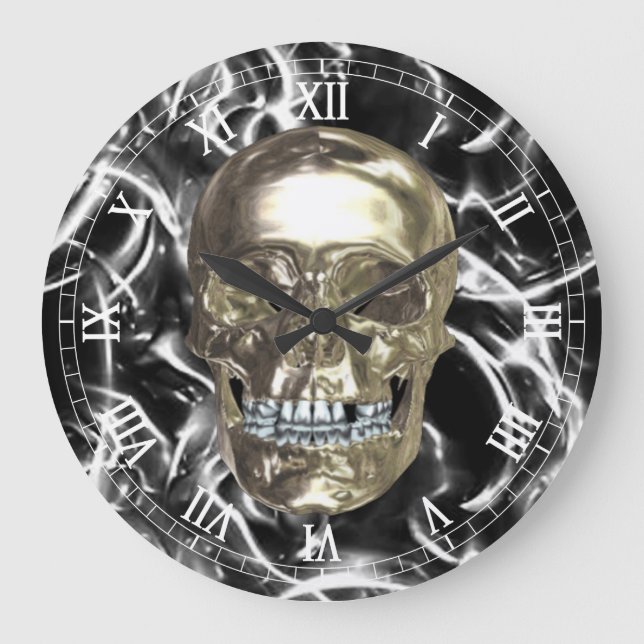 Electric Chrome Skull Round Roman Numerals Clock (Front)