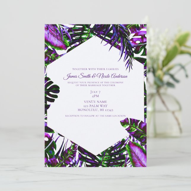 Electric Colour Pop Tropical Palm Leaves Wedding Invitation (Standing Front)