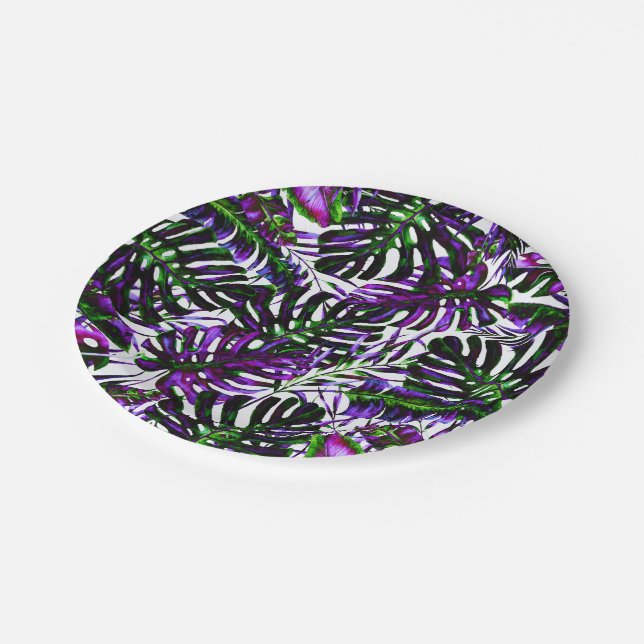 Electric Colour Pop Tropical Palm Leaves Wedding Paper Plate (Angled)