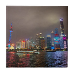 Electric Dreams - Futuristic Shanghai Skyline, A C Ceramic Tile