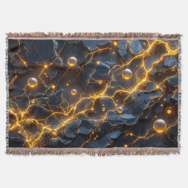 Electric Energy Abstract with Golden Lightning Throw Blanket (Front)