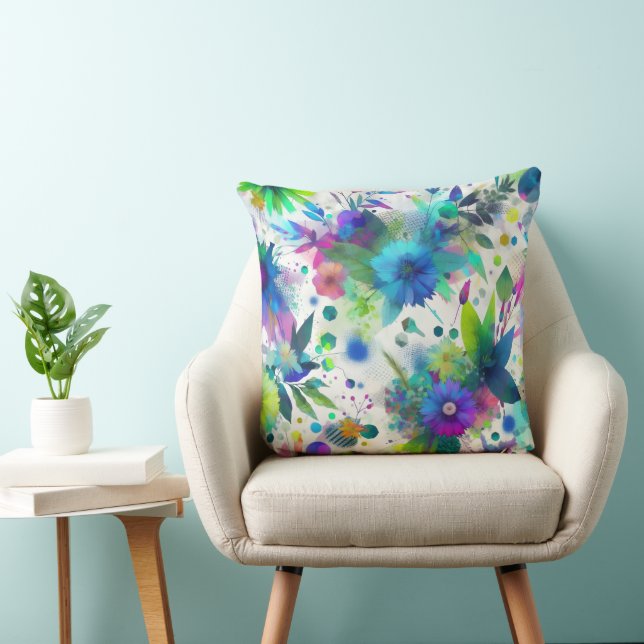 Electric Flora Watercolor Throw Pillow (Chair)
