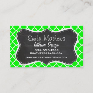 Electric Green Quatrefoil; Retro Chalkboard Business Card