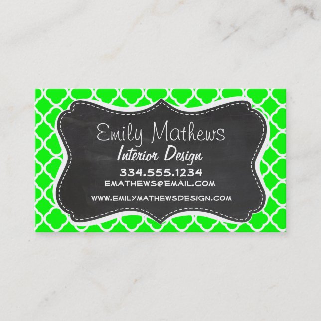Electric Green Quatrefoil; Retro Chalkboard Business Card (Front)