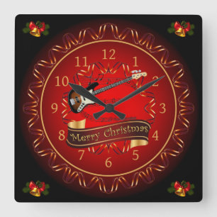 Electric Guitar 01, Merry Christmas, Maroon/Black  Square Wall Clock